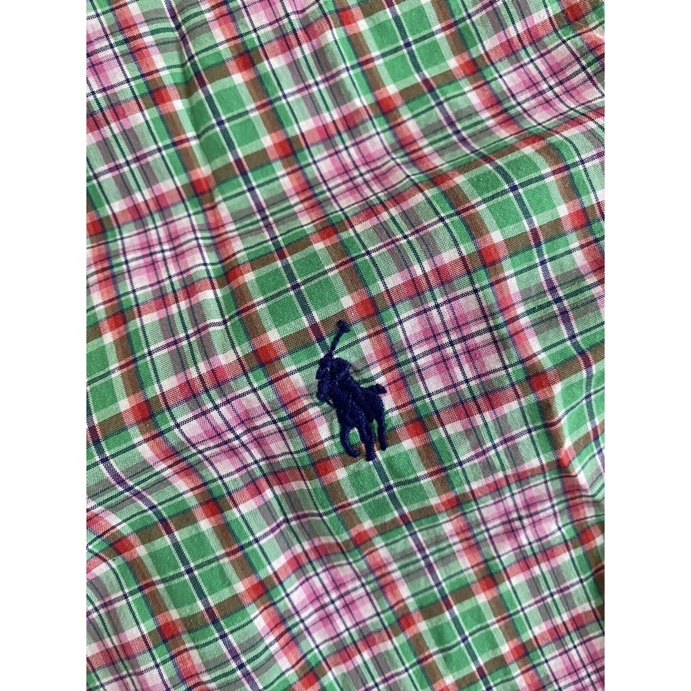 Ralph Lauren Men's S Classic Fit short Sleeve Button GREEN PINK Plaid Shirt Y2K